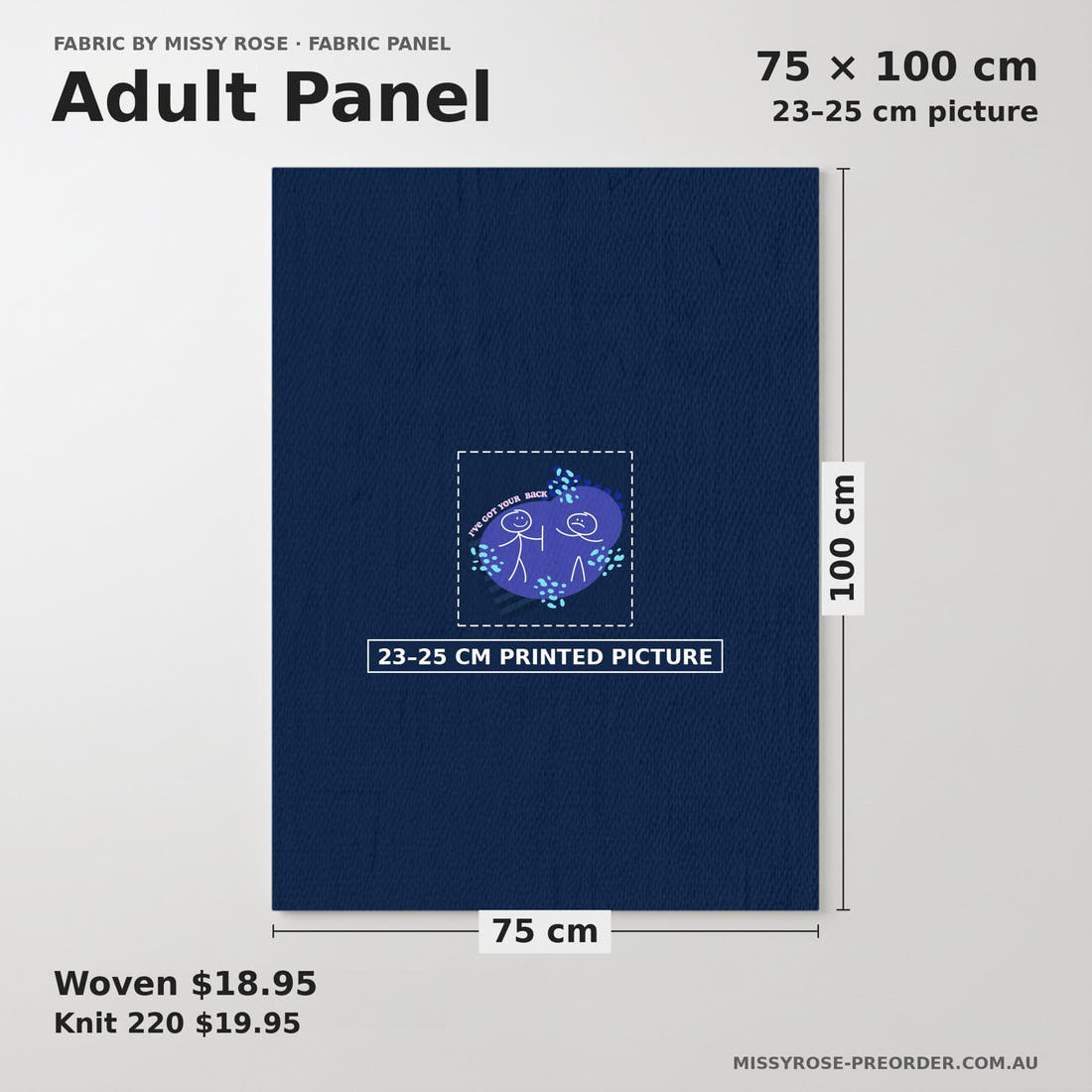 Design 178 Back Panel adult panel sizing – 23–25 cm printed picture on 75 × 100 cm fabric | Fabric by Missy Rose