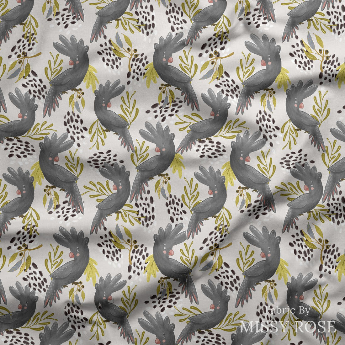 Design 179 Black Cockatoo Fabric draped fabric mockup – custom printed fabric by the metre | Fabric by Missy Rose