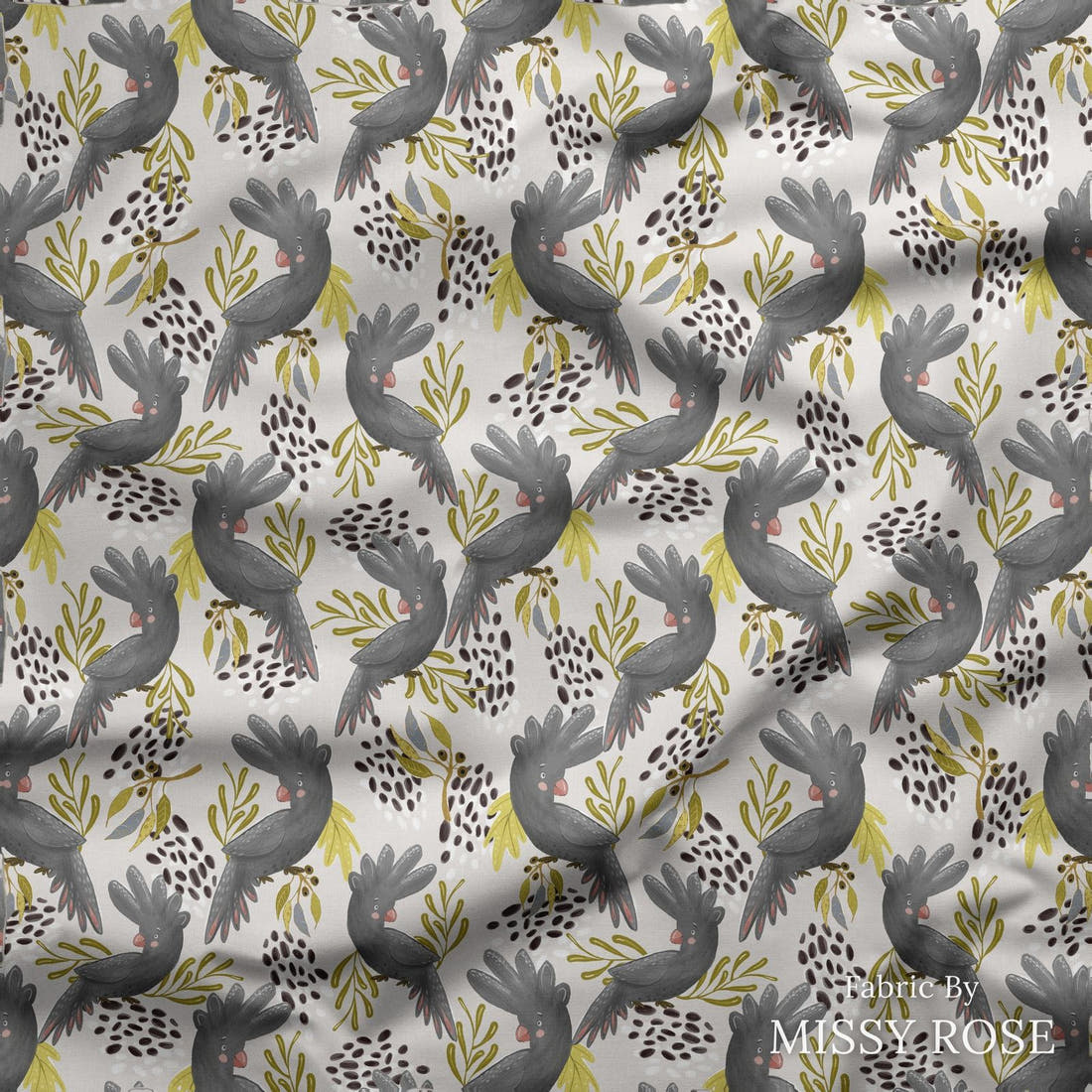 Design 179 Black Cockatoo Fabric draped fabric mockup – custom printed fabric by the metre | Fabric by Missy Rose