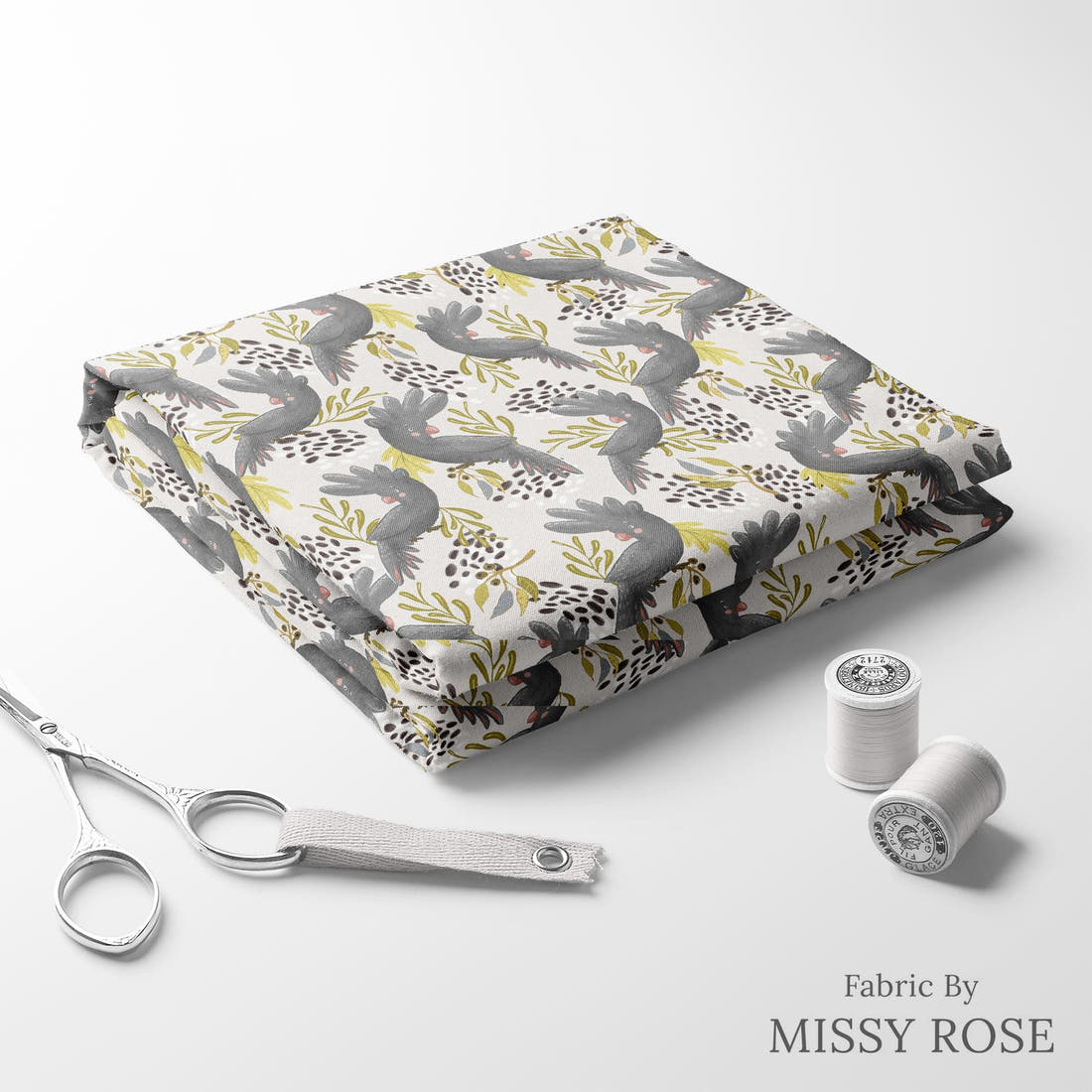 Design 179 Black Cockatoo Fabric folded fabric stack with matching thread – pre-order fabric Australia | Fabric by Missy Rose