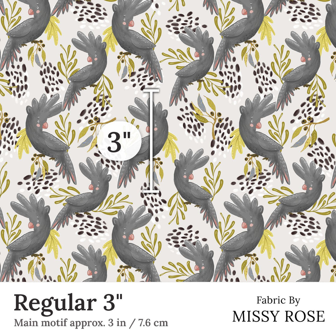 Design 179 Black Cockatoo Fabric Regular 3 inch print scale guide | Fabric by Missy Rose