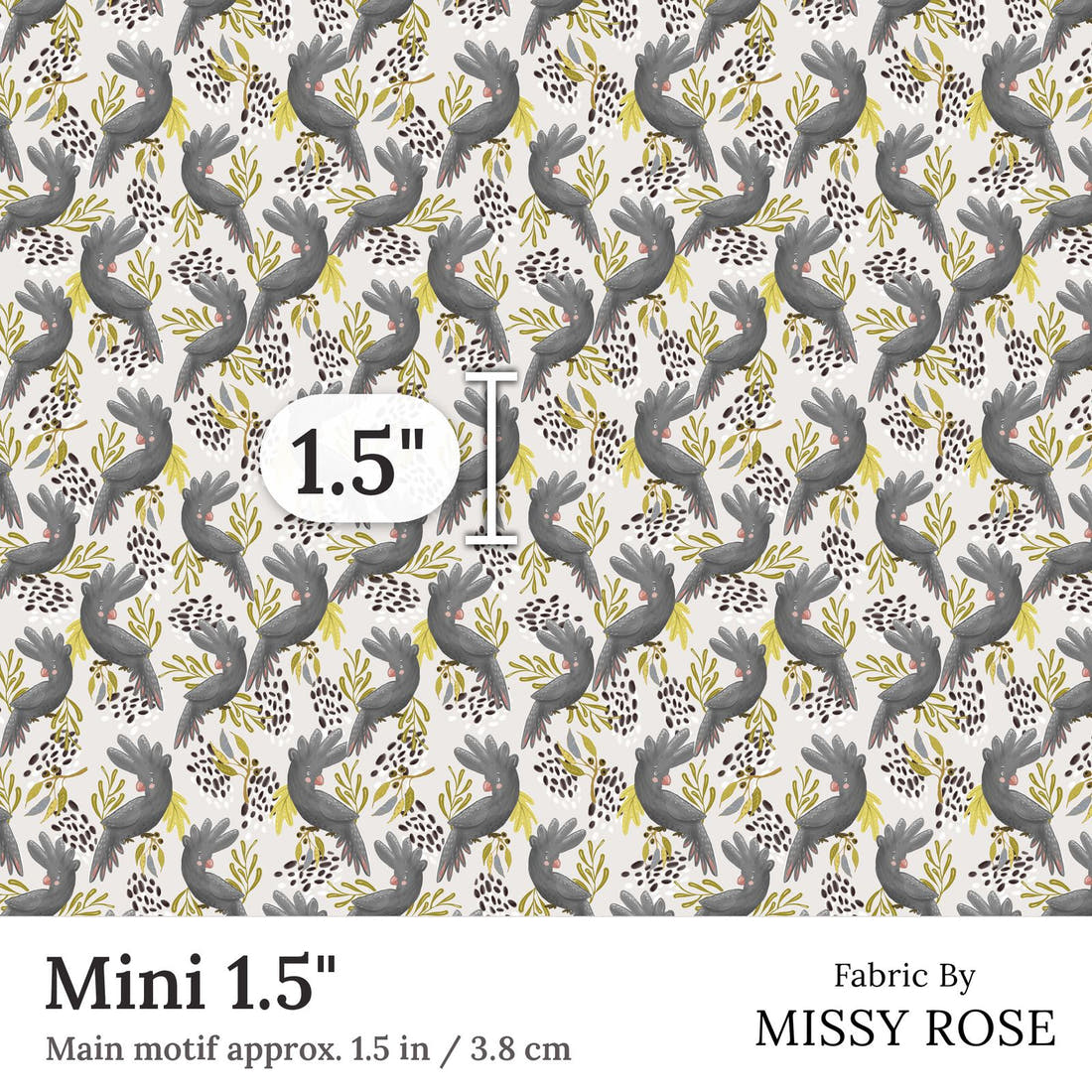 Design 179 Black Cockatoo Fabric Mini 1.5 inch print scale guide | Fabric by Missy Rose