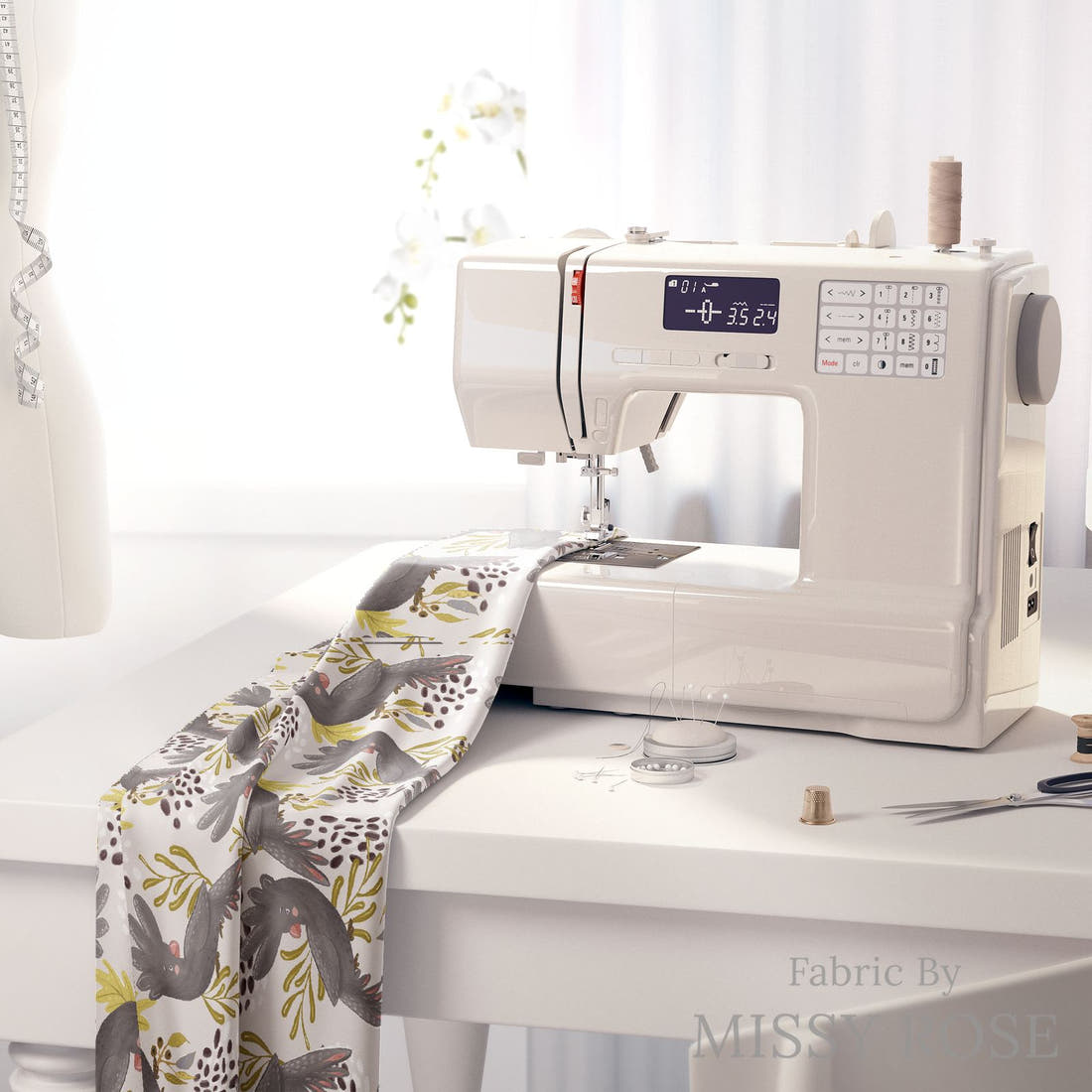 Design 179 Black Cockatoo Fabric on a sewing machine – premium fabric for sewing projects | Fabric by Missy Rose
