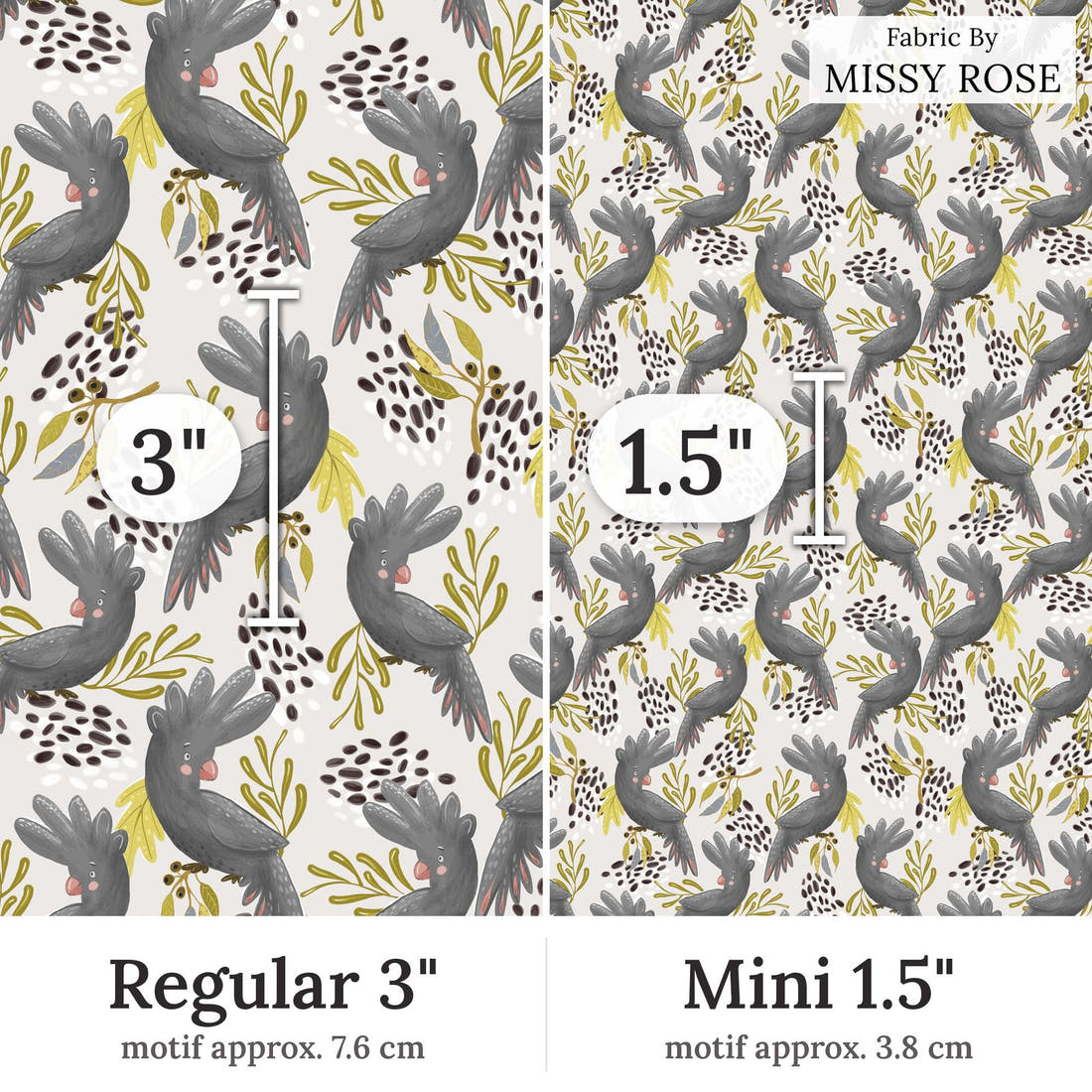 Design 179 Black Cockatoo Fabric Regular 3 inch vs Mini 1.5 inch print scale side by side | Fabric by Missy Rose