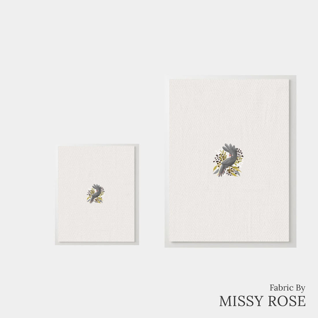 Design 179 Black Cockatoo Panel – universal and adult panel sizes side by side | Fabric by Missy Rose