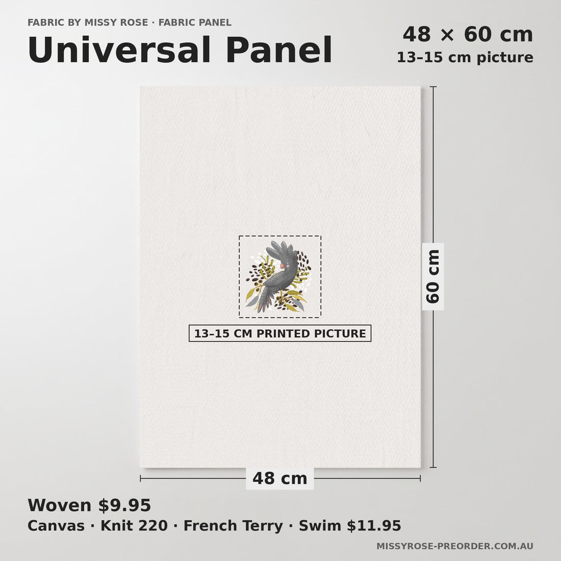 Design 179 Black Cockatoo Panel universal panel sizing – 13–15 cm printed picture on 48 × 60 cm fabric | Fabric by Missy Rose