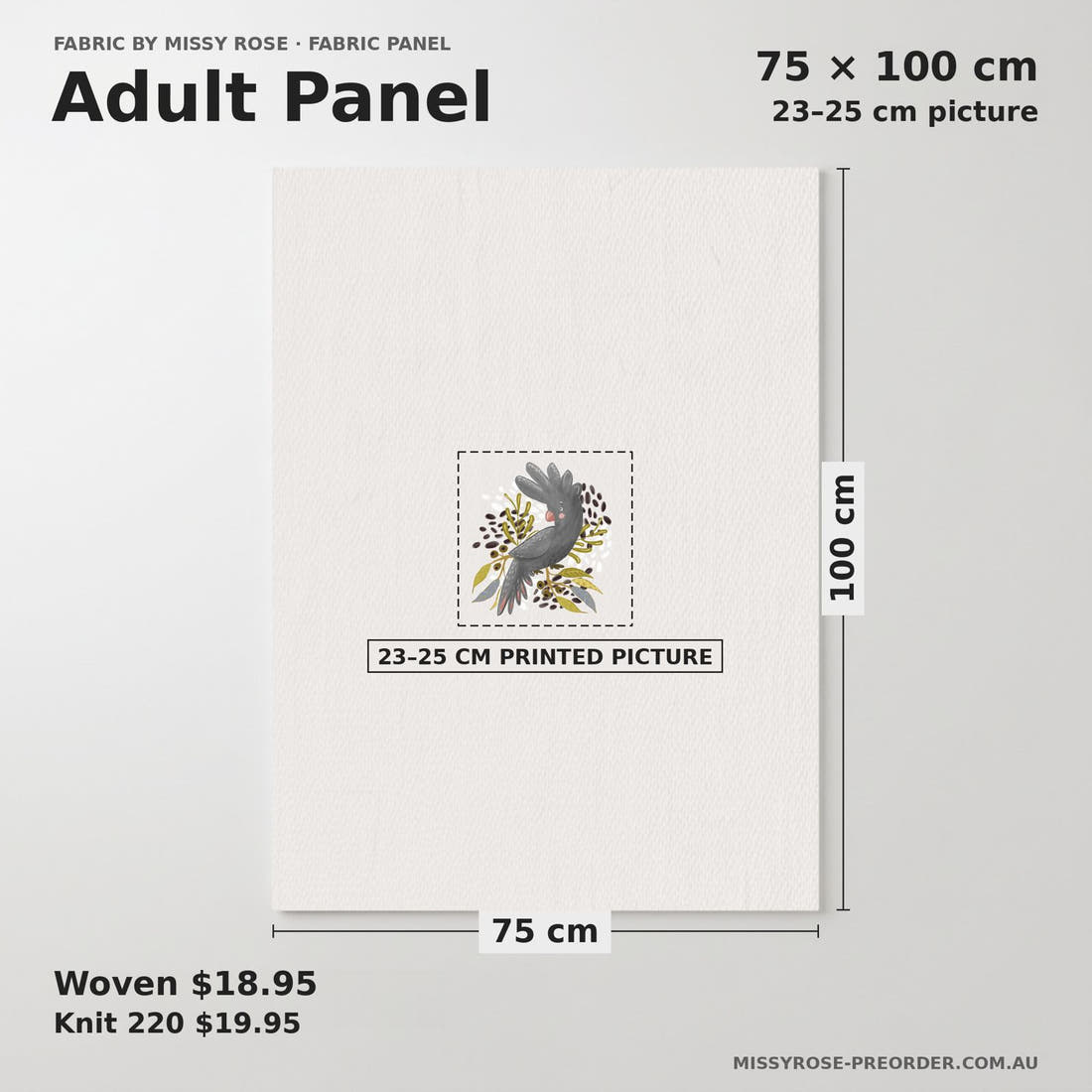 Design 179 Black Cockatoo Panel adult panel sizing – 23–25 cm printed picture on 75 × 100 cm fabric | Fabric by Missy Rose