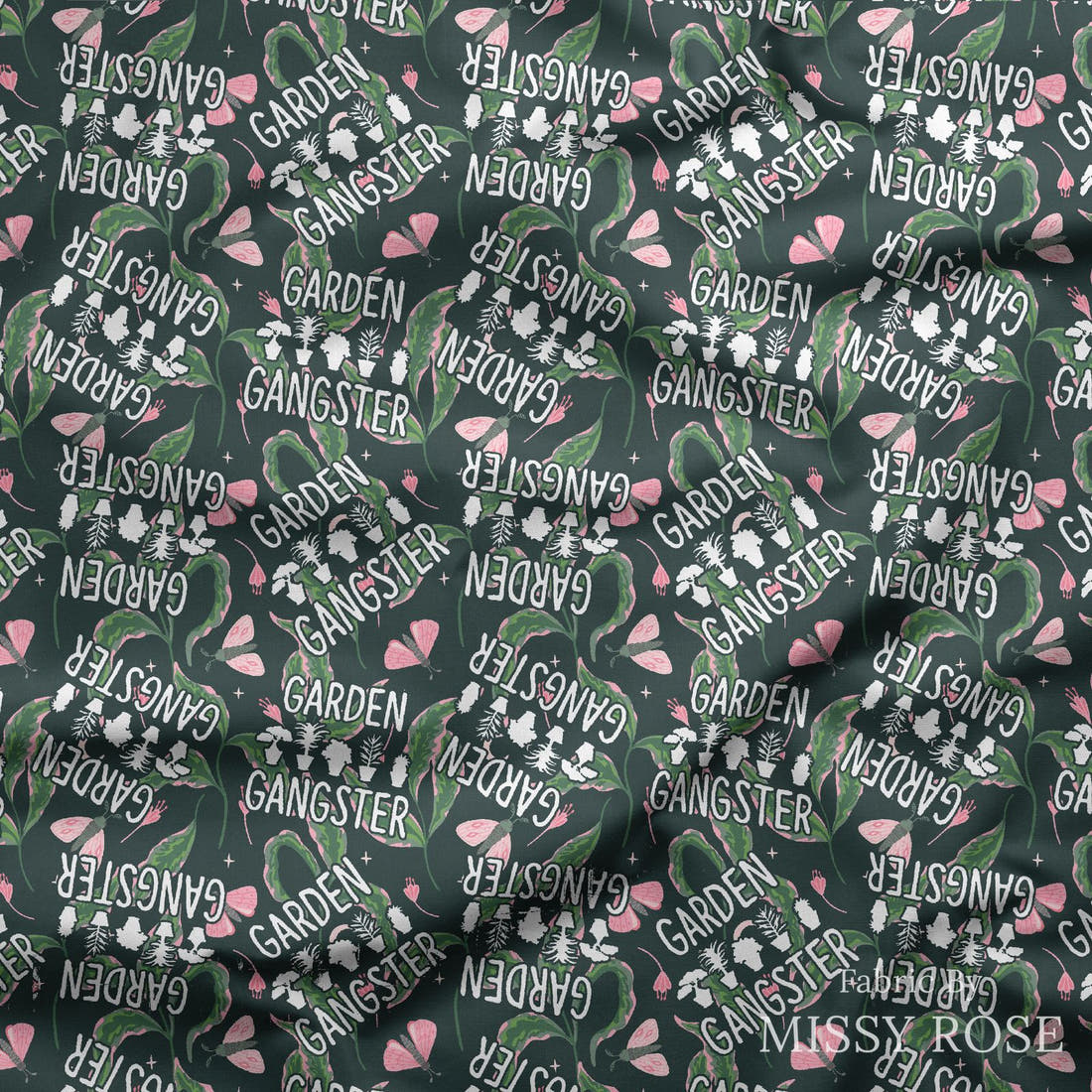 Design 18 Garden Gangster Fabric draped fabric mockup – custom printed fabric by the metre | Fabric by Missy Rose
