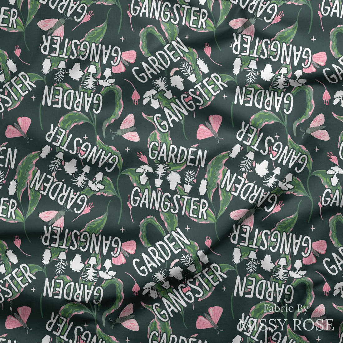 Design 18 Garden Gangster Fabric draped fabric mockup – custom printed fabric by the metre | Fabric by Missy Rose