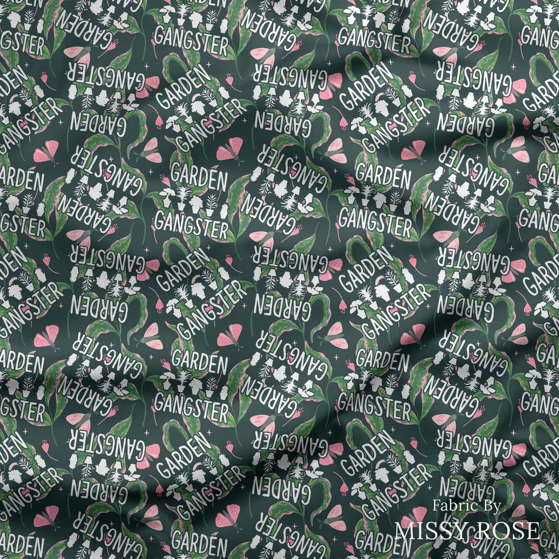 Design 18 Garden Gangster Fabric draped fabric mockup – custom printed fabric by the metre | Fabric by Missy Rose