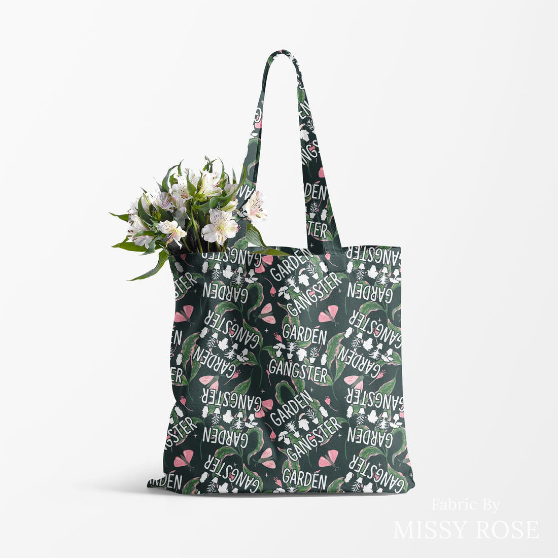 Design 18 Garden Gangsta Fabric made up as a tote bag - see how the print looks made up | Fabric by Missy Rose