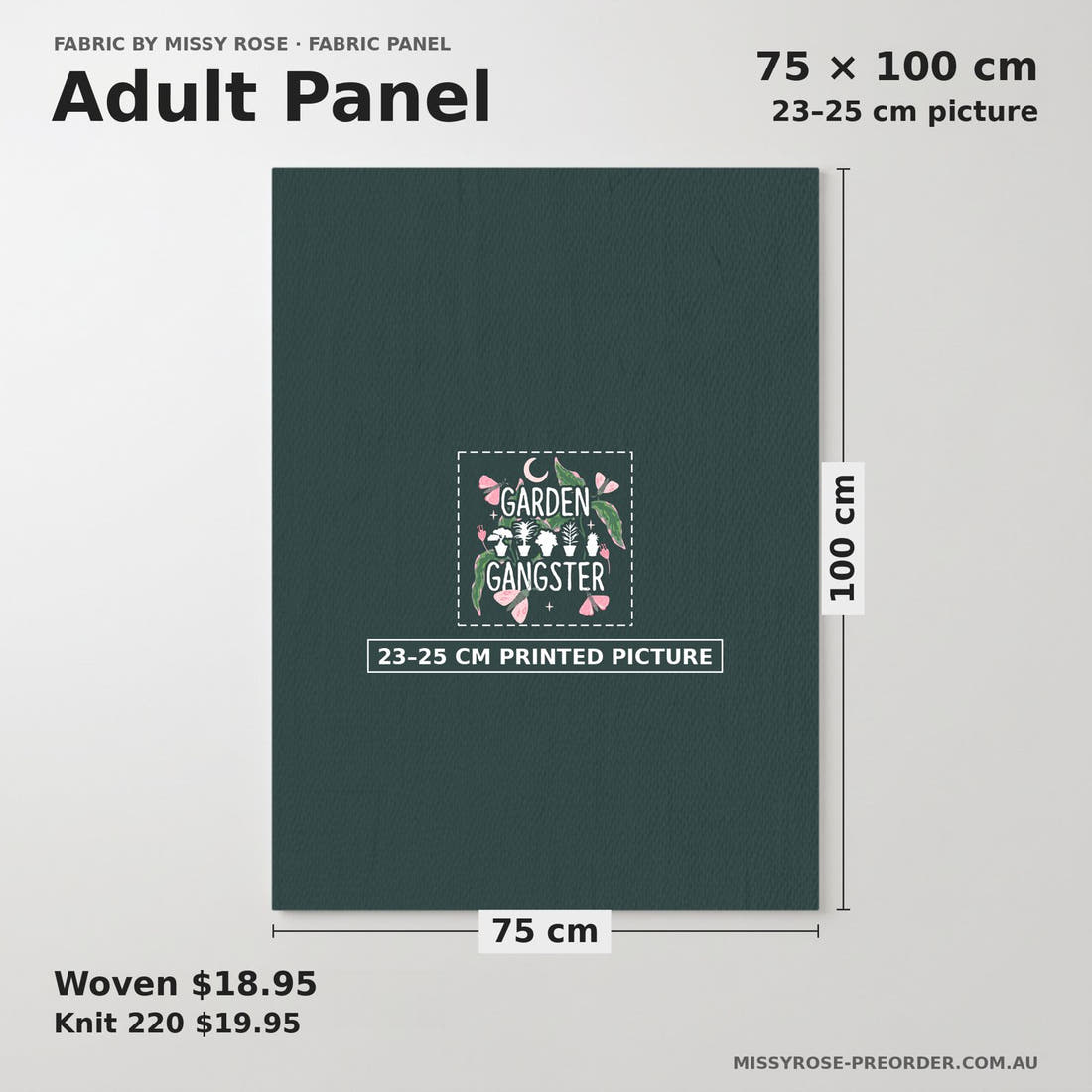Design 18 Garden Gangsta Panel adult panel sizing – 23–25 cm printed picture on 75 × 100 cm fabric | Fabric by Missy Rose