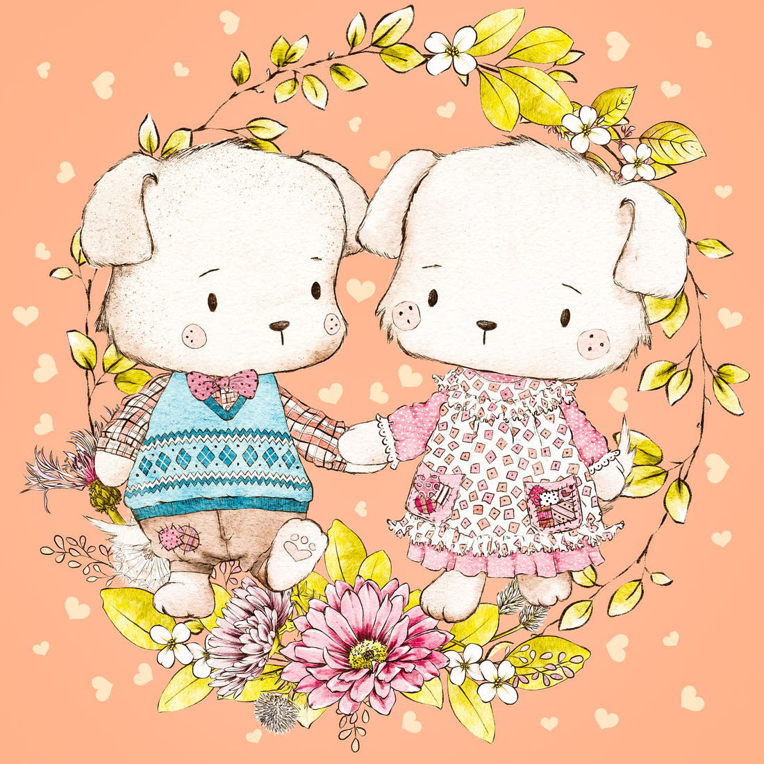Design 180 Peach Dogs Panel – full artwork close-up of the printed picture | Fabric by Missy Rose