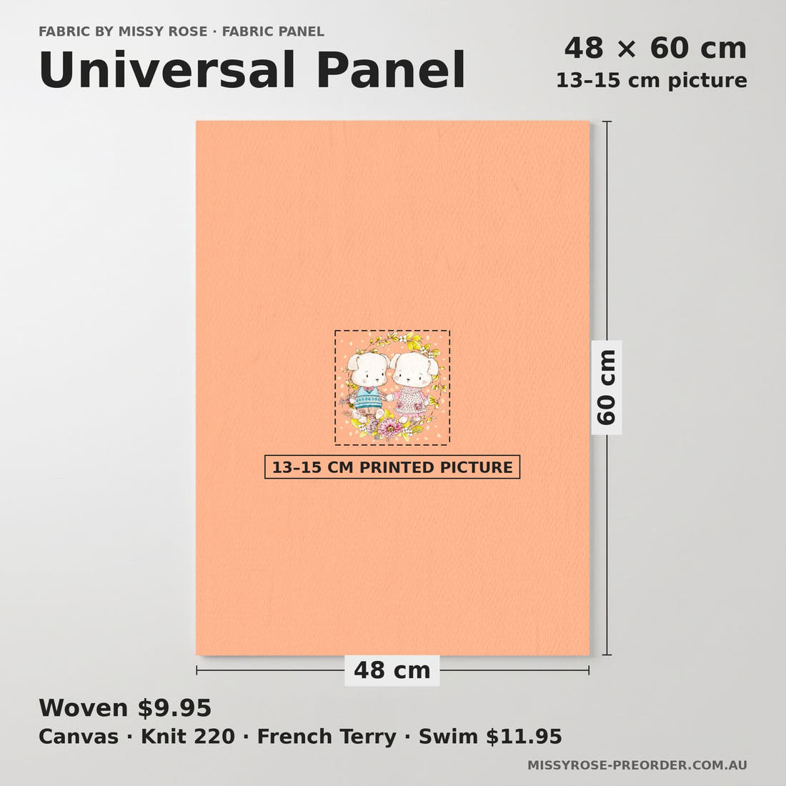 Design 180 Peach Dogs Panel universal panel sizing – 13–15 cm printed picture on 48 × 60 cm fabric | Fabric by Missy Rose