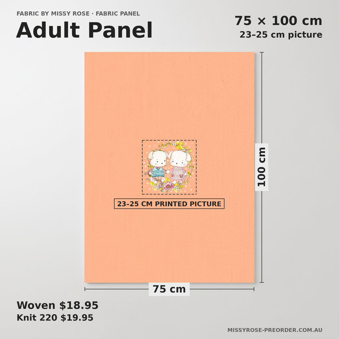 Design 180 Peach Dogs Panel adult panel sizing – 23–25 cm printed picture on 75 × 100 cm fabric | Fabric by Missy Rose