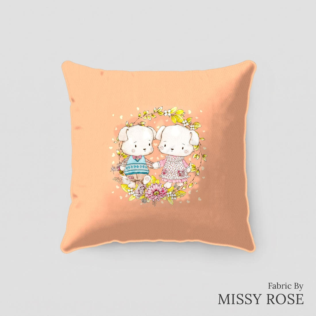 Design 180 Peach Dogs Panel sewn into a cushion – see how the panel looks made up | Fabric by Missy Rose