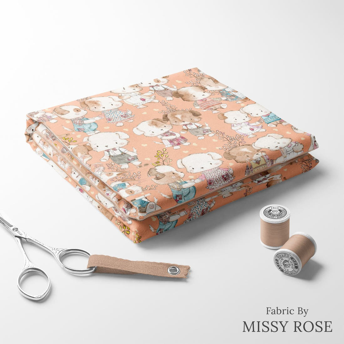 Design 180 Peach Dogs Fabric folded fabric stack with matching thread – pre-order fabric Australia | Fabric by Missy Rose