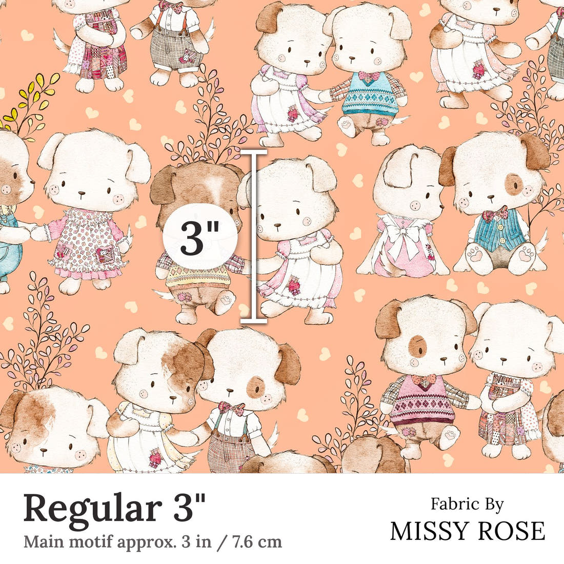 Design 180 Peach Dogs Fabric Regular 3 inch print scale guide | Fabric by Missy Rose