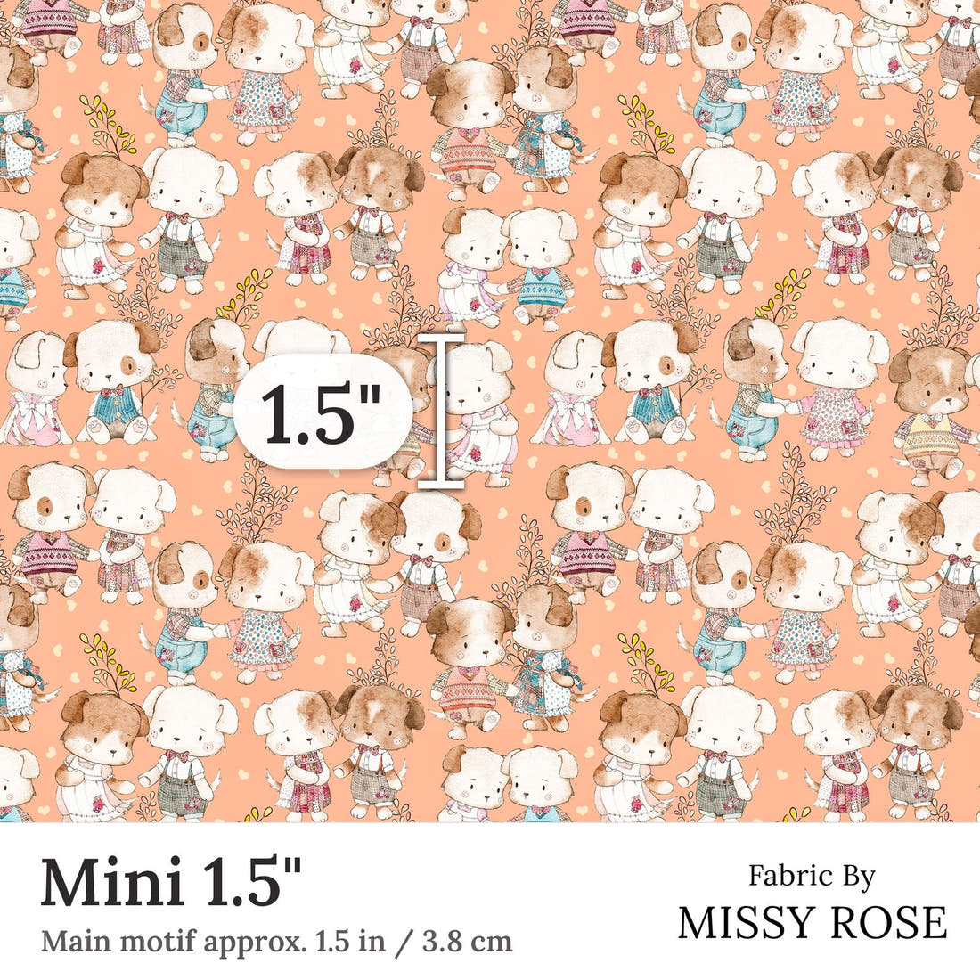 Design 180 Peach Dogs Fabric Mini 1.5 inch print scale guide | Fabric by Missy Rose