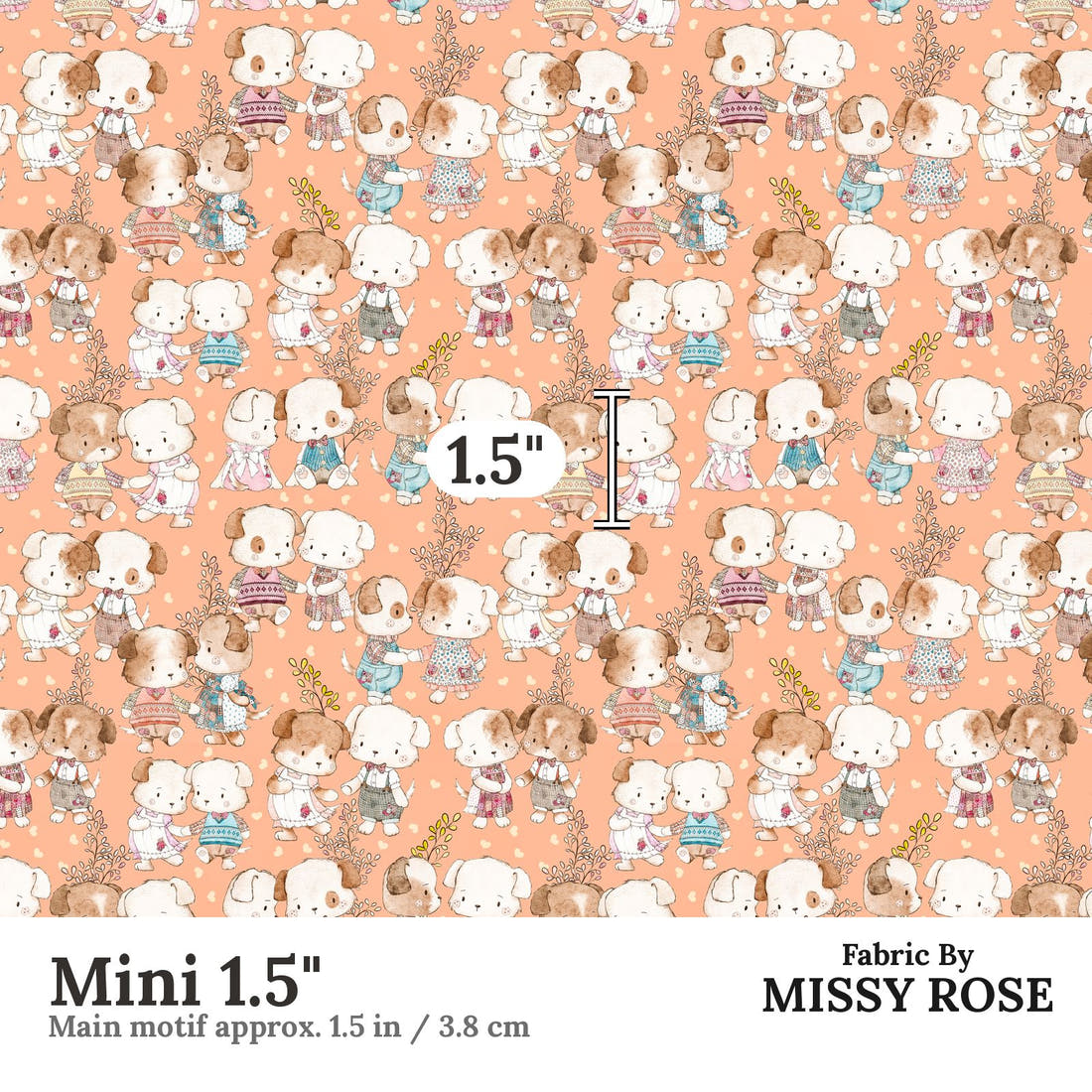 Design 180 Peach Dogs Fabric Mini 1.5" - print scale | Fabric by Missy Rose