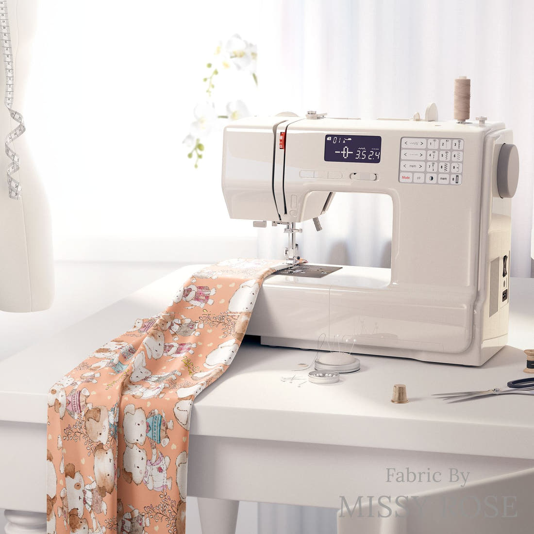 Design 180 Peach Dogs Fabric on a sewing machine – premium fabric for sewing projects | Fabric by Missy Rose