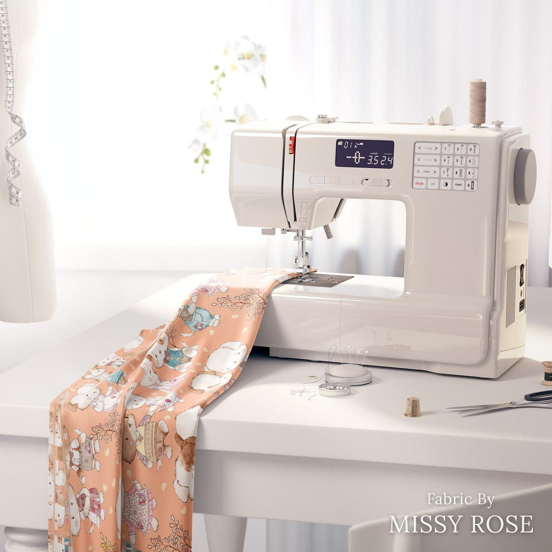 Design 180 Peach Dogs Fabric on a sewing machine – premium fabric for sewing projects | Fabric by Missy Rose