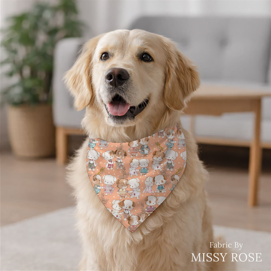 Design 180 Peach Dogs Fabric sewn into a dog bandana – see how the print looks made up | Fabric by Missy Rose