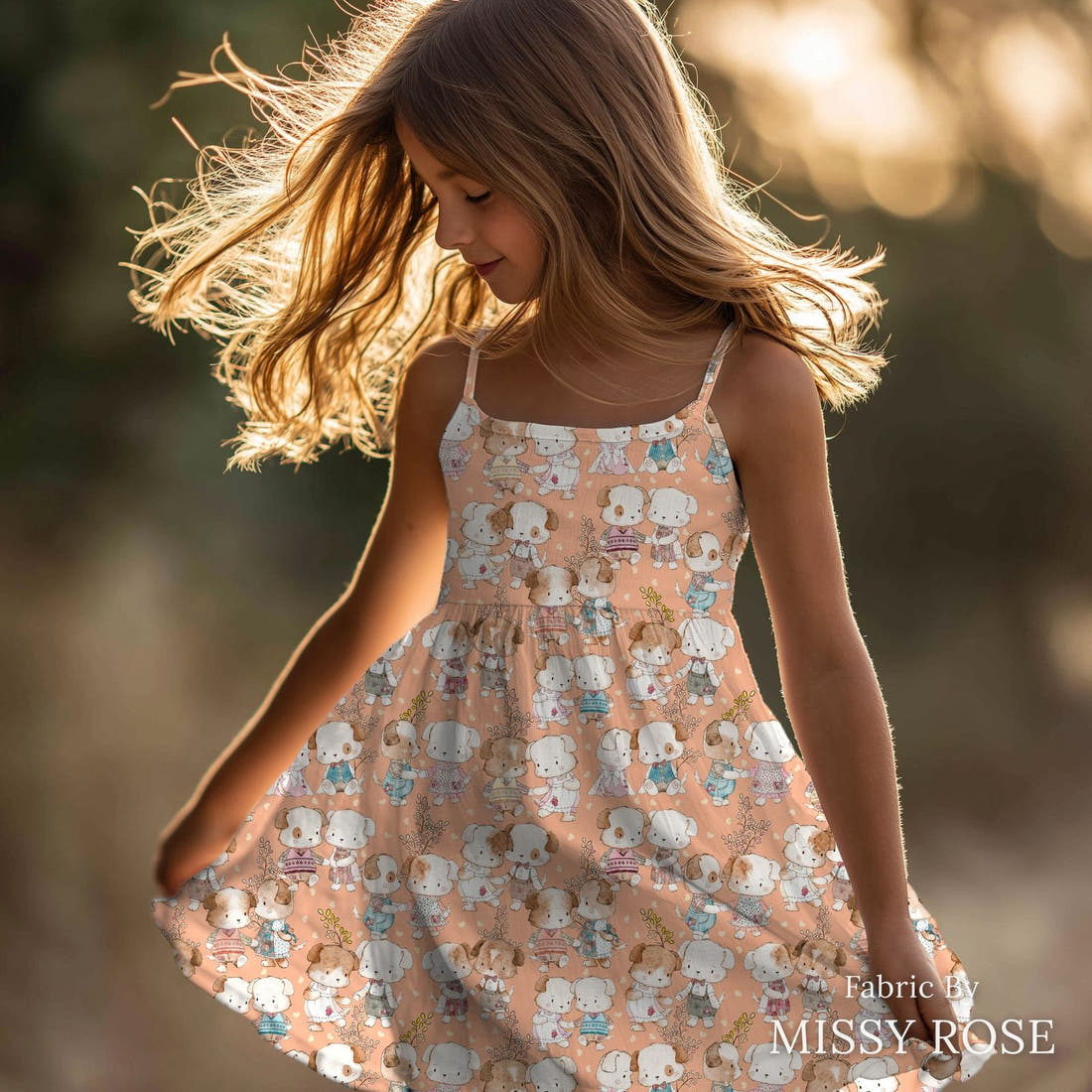 Design 180 Peach Dogs Fabric sewn into a girls' dress – see how the print looks made up | Fabric by Missy Rose