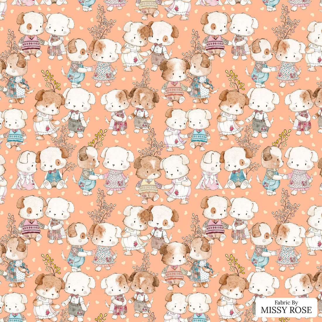 Design 180 Peach Dogs Fabric - flat view of the print, zoom in for detail | Fabric by Missy Rose