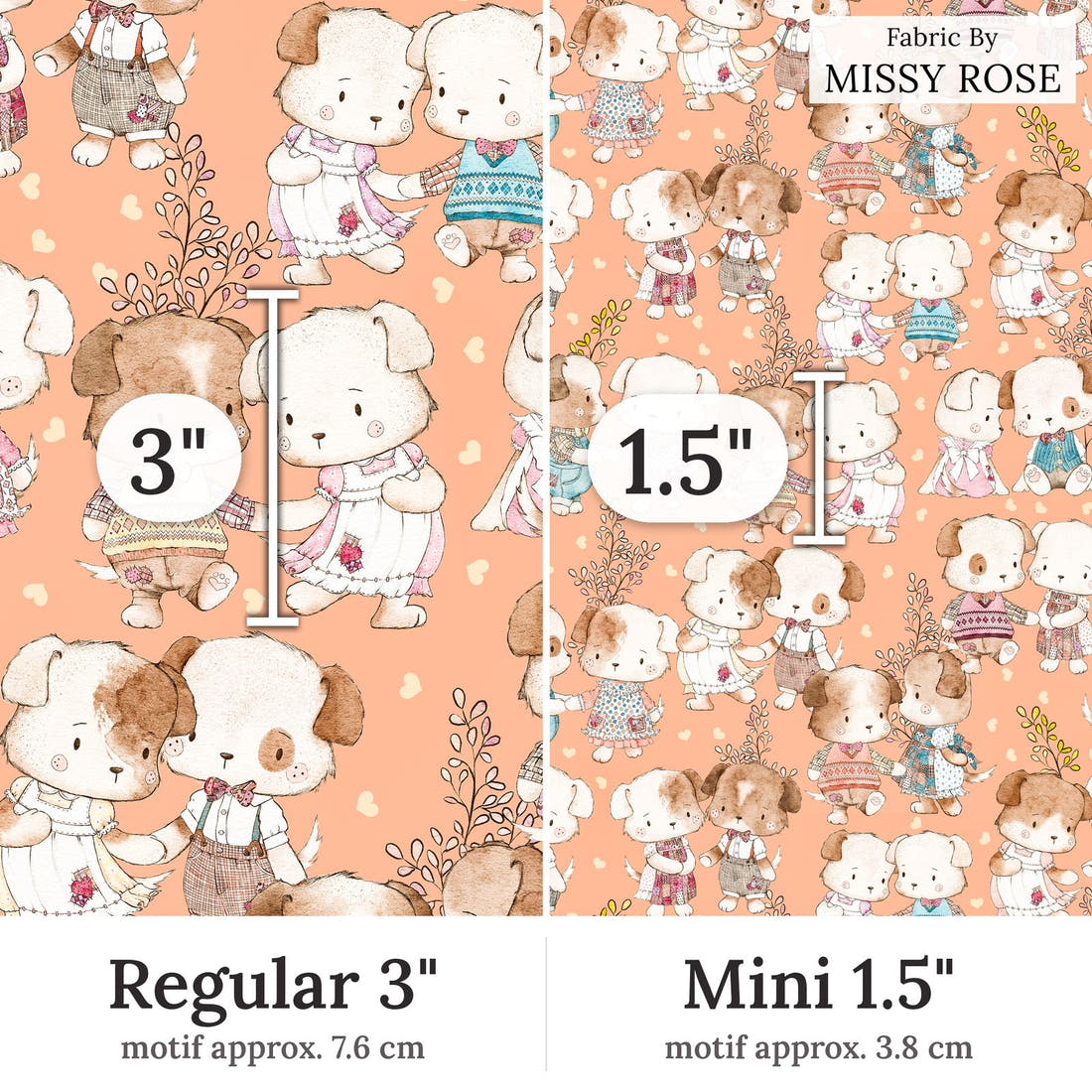 Design 180 Peach Dogs Fabric Regular 3 inch vs Mini 1.5 inch print scale side by side | Fabric by Missy Rose