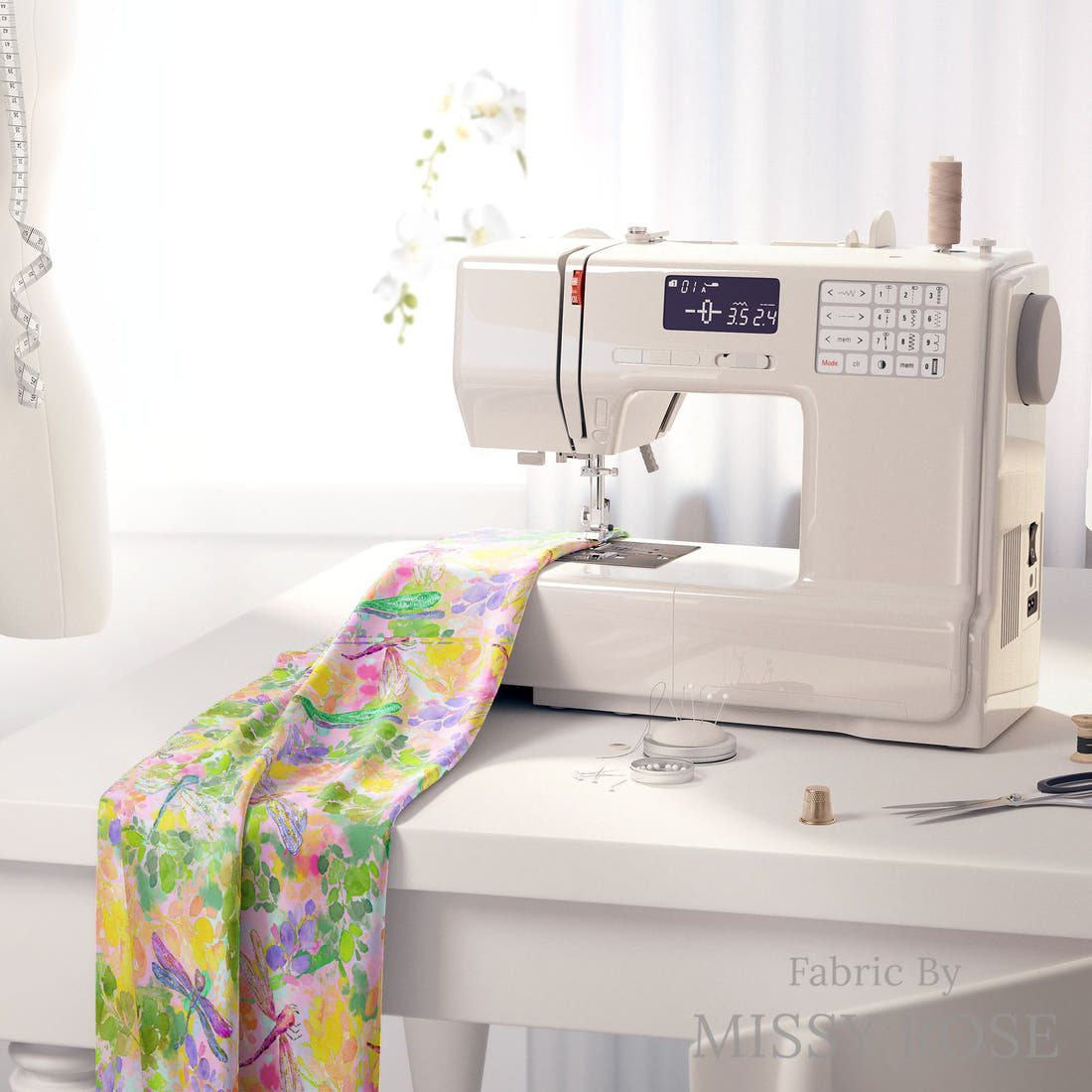Design 181 Dragonfly Fabric on a sewing machine – premium fabric for sewing projects | Fabric by Missy Rose