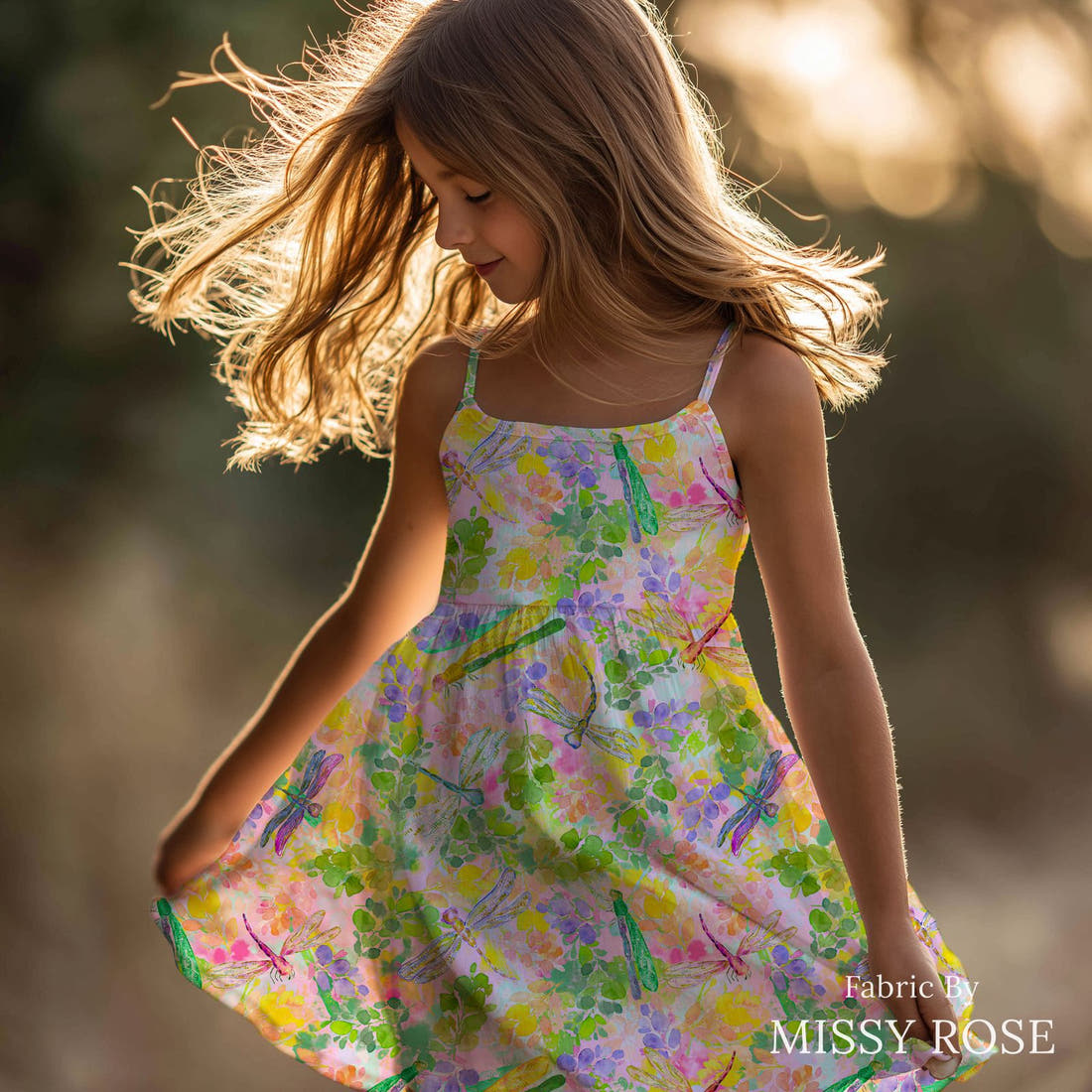 Design 181 Dragonfly Fabric sewn into a girls' dress – see how the print looks made up | Fabric by Missy Rose