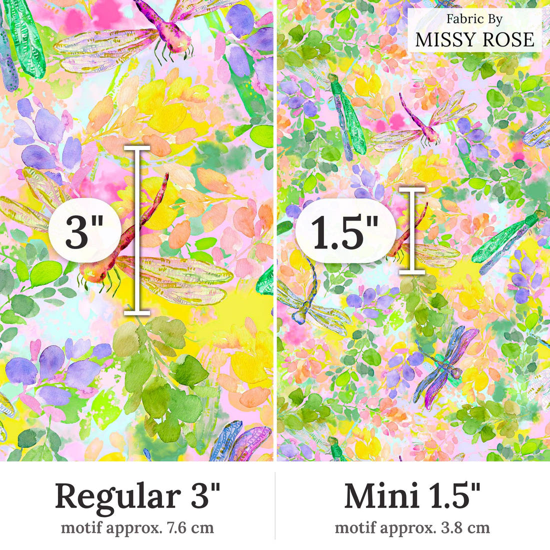 Design 181 Dragonfly Fabric Regular 3 inch vs Mini 1.5 inch print scale side by side | Fabric by Missy Rose