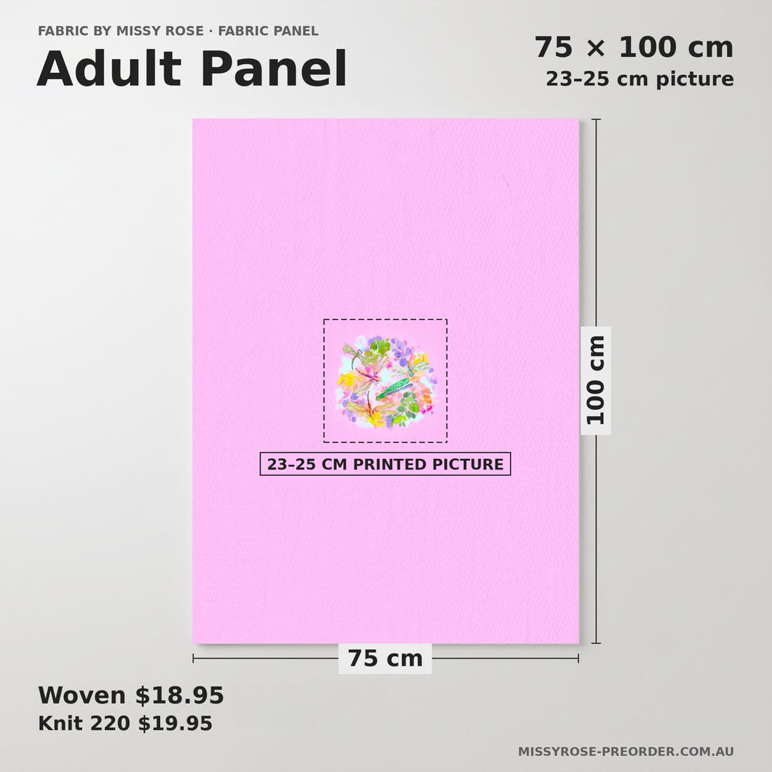 Design 181 Dragonfly Panel adult panel sizing – 23–25 cm printed picture on 75 × 100 cm fabric | Fabric by Missy Rose