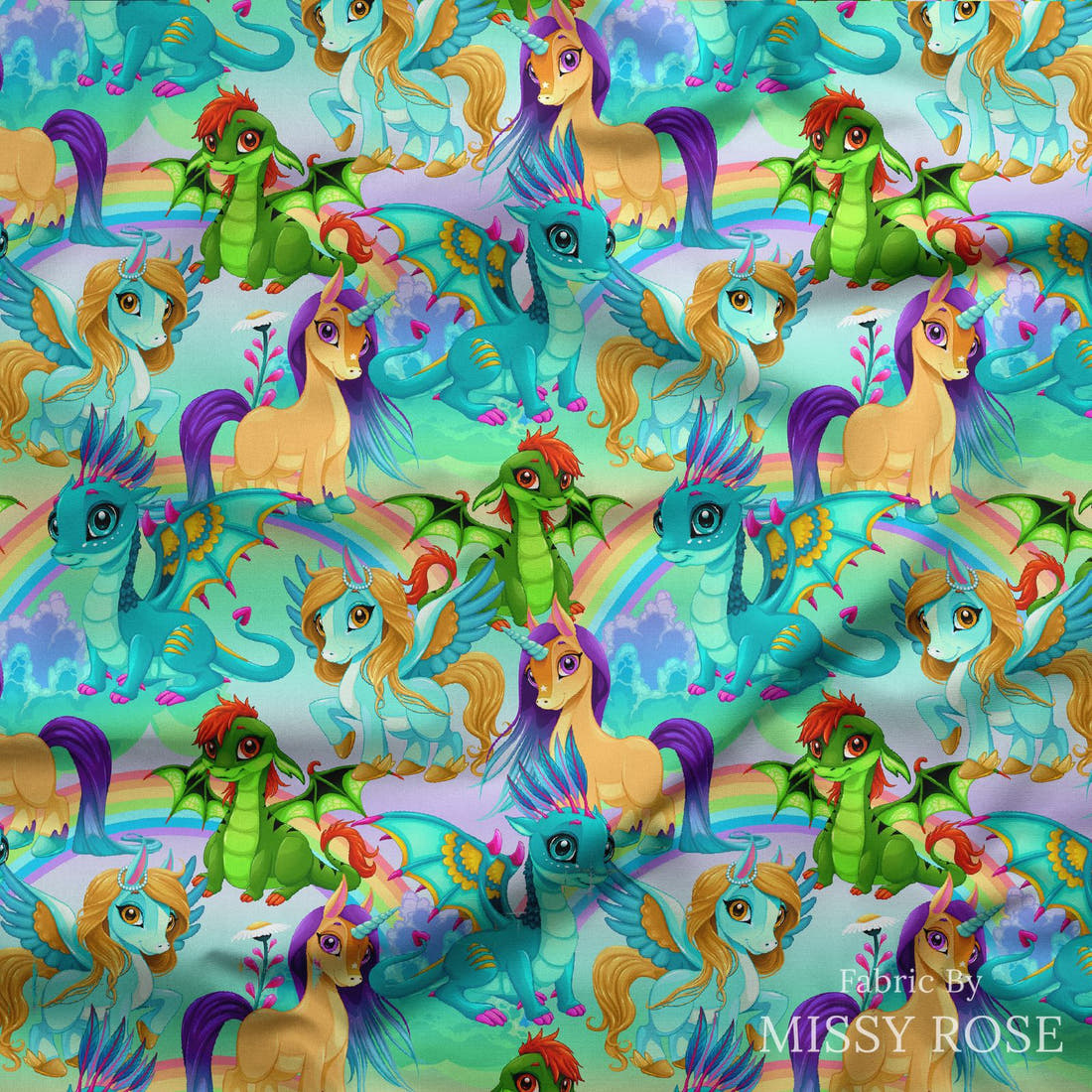 Design 182 Bright Unicorn Fabric draped fabric mockup – custom printed fabric by the metre | Fabric by Missy Rose