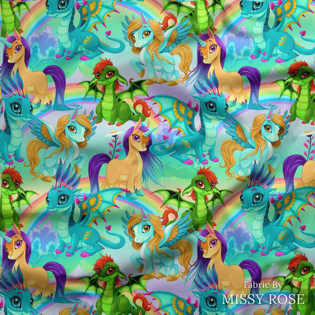 Design 182 Bright Unicorn Fabric draped fabric mockup – custom printed fabric by the metre | Fabric by Missy Rose