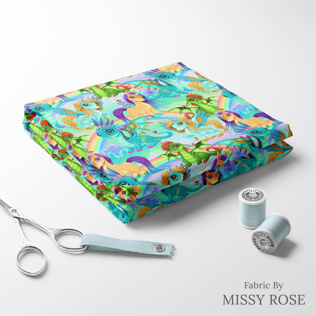 Design 182 Bright Unicorn Fabric folded fabric stack with matching thread – pre-order fabric Australia | Fabric by Missy Rose