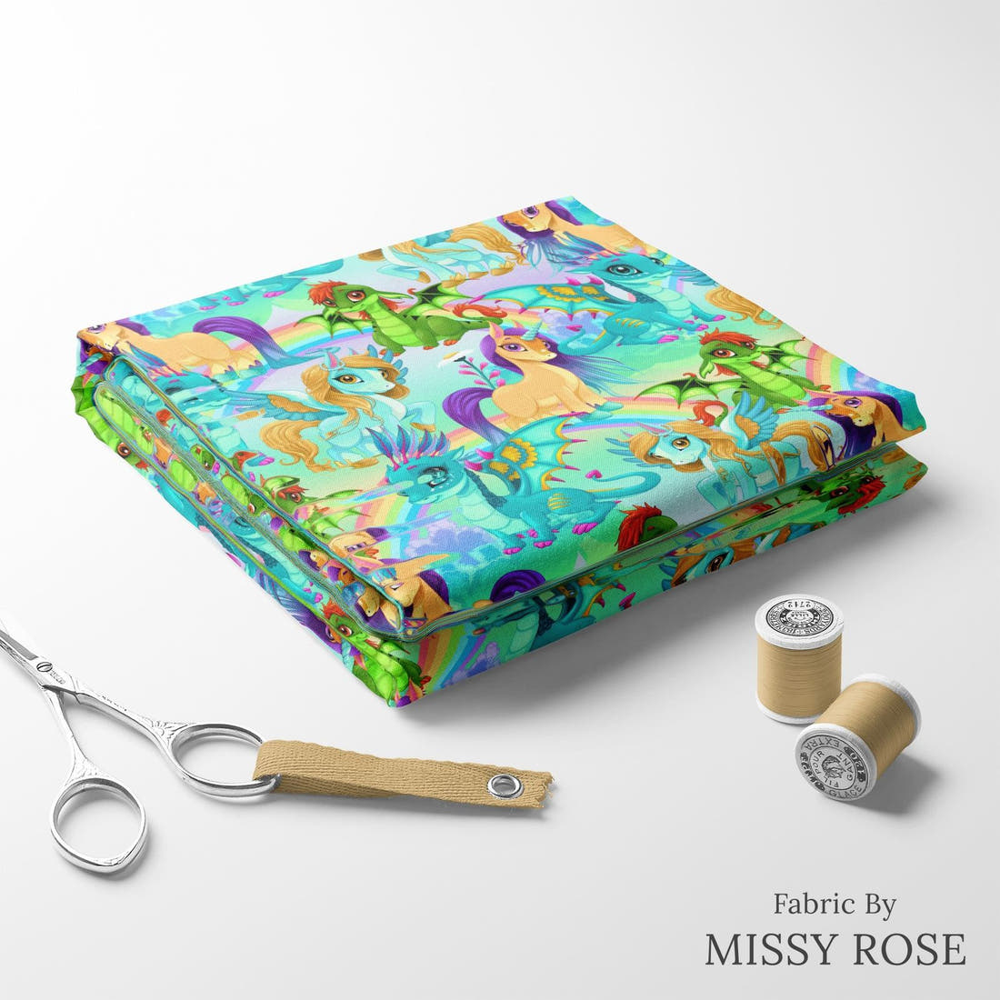 Design 182 Bright Unicorn Fabric folded fabric stack with matching thread – pre-order fabric Australia | Fabric by Missy Rose