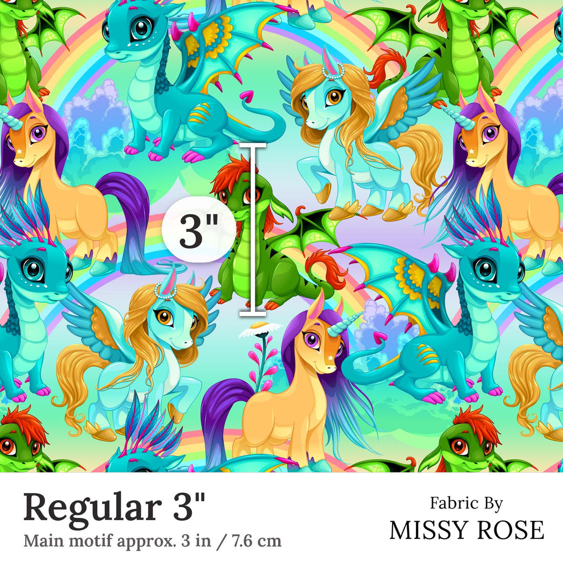 Design 182 Bright Unicorn Fabric Regular 3 inch print scale guide | Fabric by Missy Rose