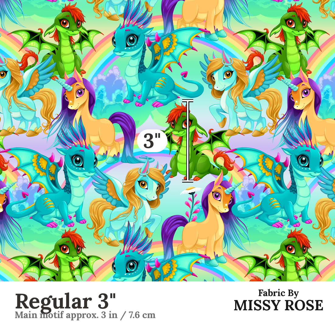 Design 182 Bright Unicorn Fabric Regular 3" - print scale | Fabric by Missy Rose