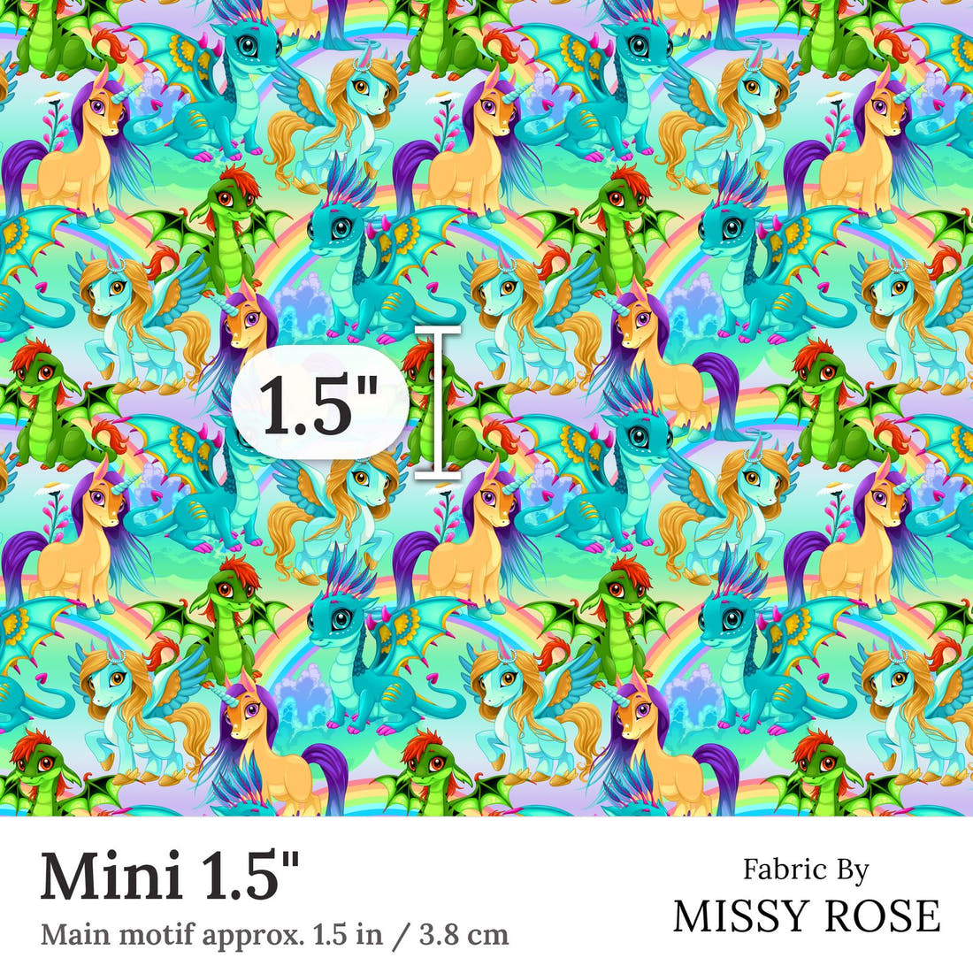 Design 182 Bright Unicorn Fabric Mini 1.5 inch print scale guide | Fabric by Missy Rose