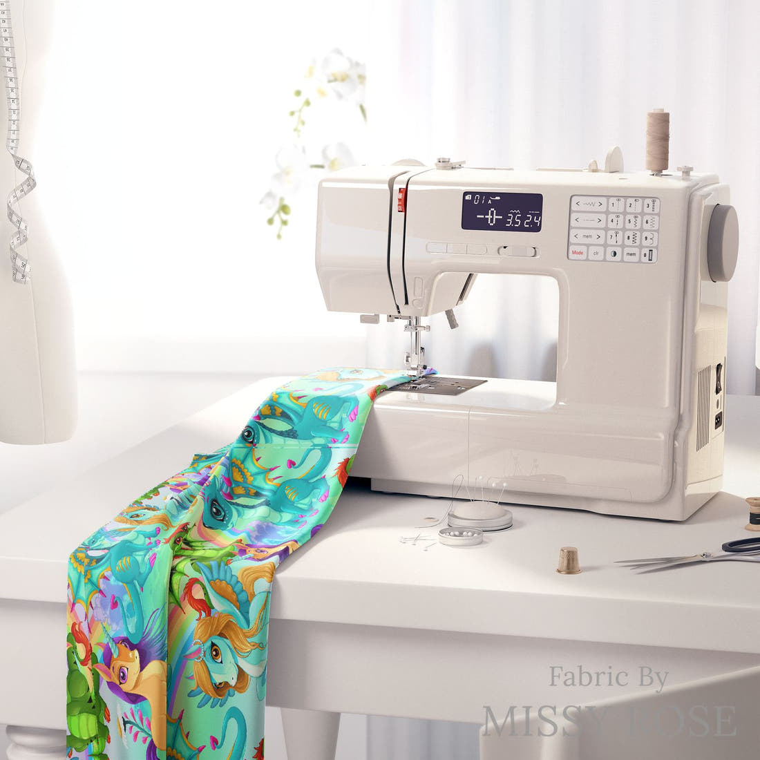 Design 182 Bright Unicorn Fabric on a sewing machine – premium fabric for sewing projects | Fabric by Missy Rose