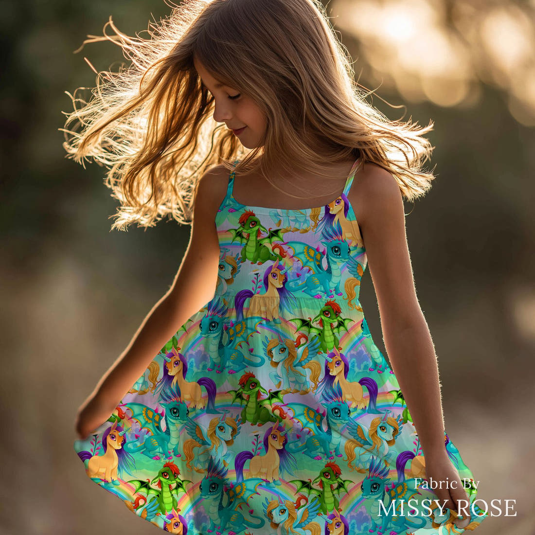 Design 182 Bright Unicorn Fabric sewn into a girls' dress – see how the print looks made up | Fabric by Missy Rose