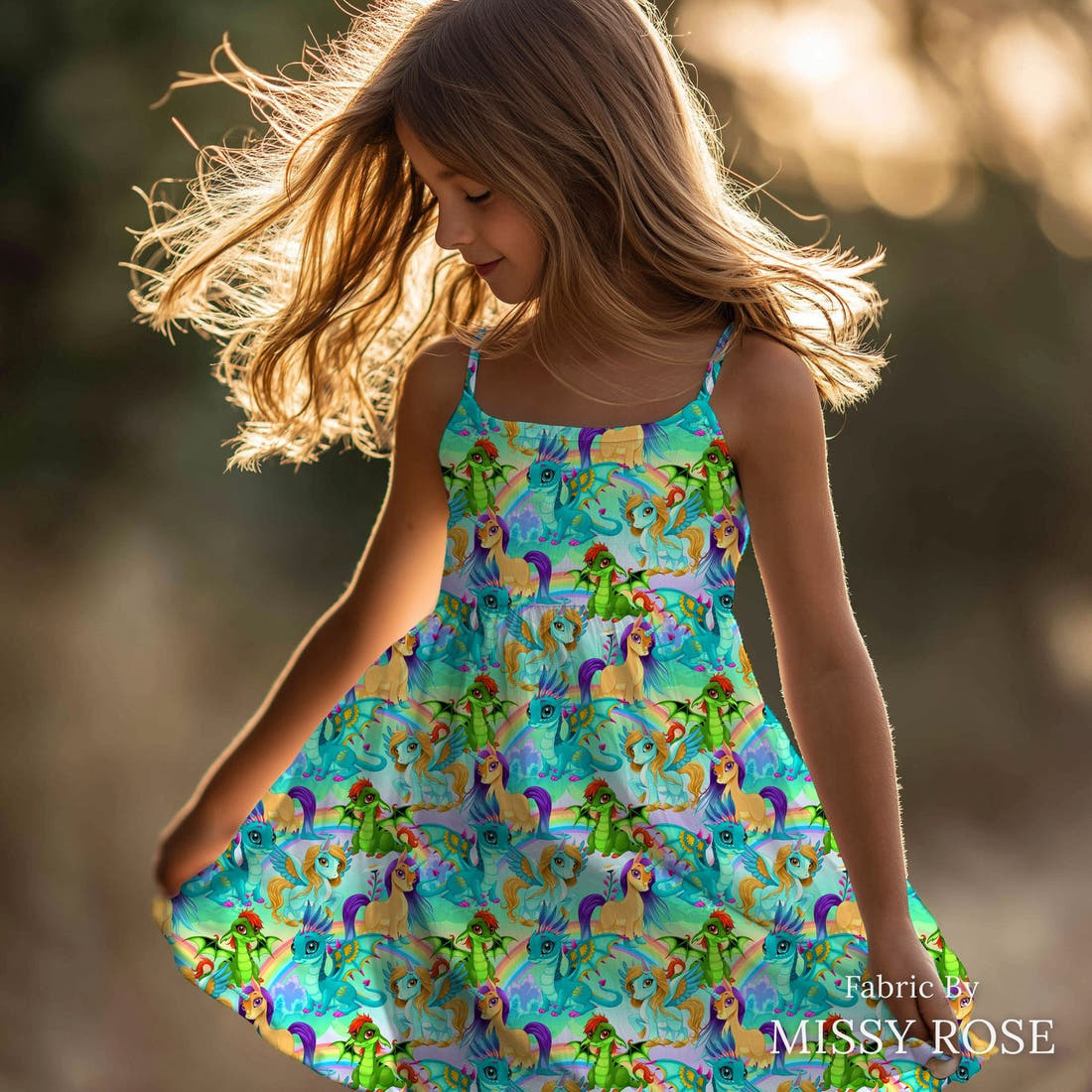 Design 182 Bright Unicorn Fabric sewn into a girls' dress – see how the print looks made up | Fabric by Missy Rose