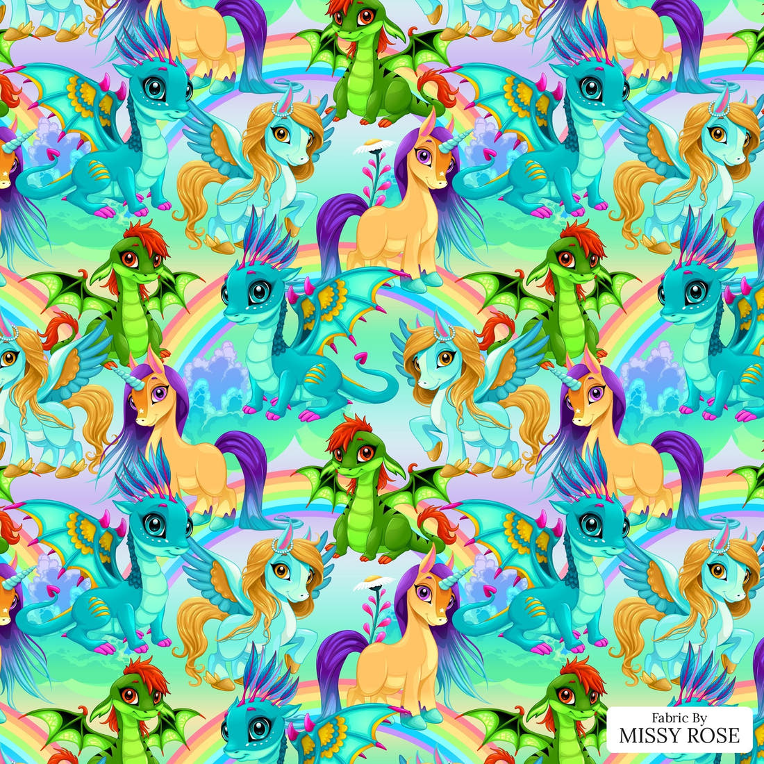 Design 182 Bright Unicorn Fabric - flat view of the print, zoom in for detail | Fabric by Missy Rose