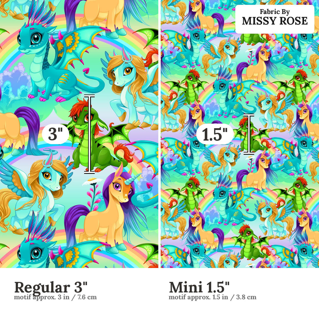 Design 182 Bright Unicorn Fabric size comparison - print scale | Fabric by Missy Rose