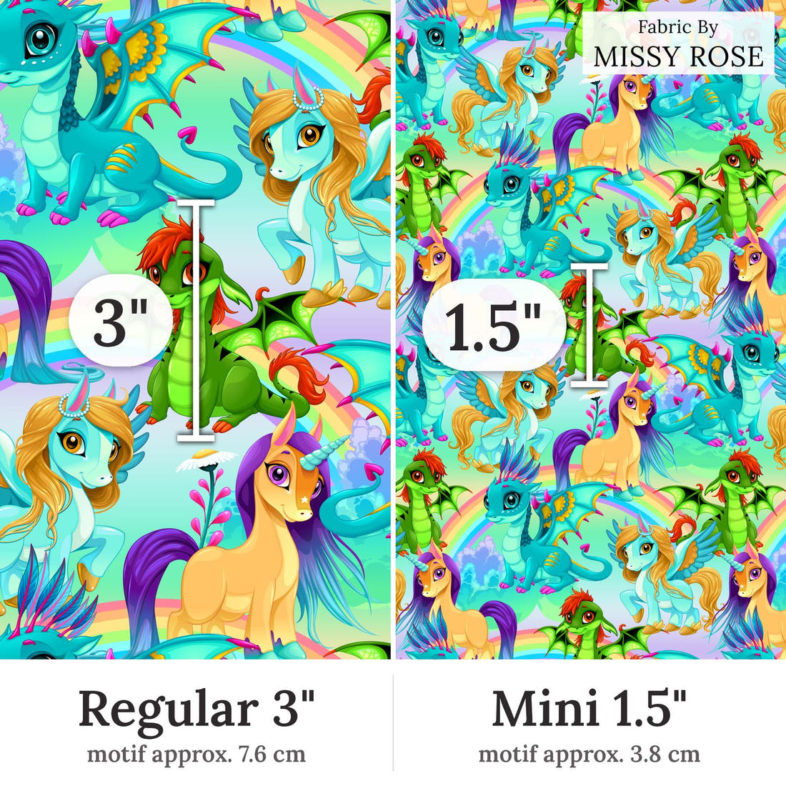 Design 182 Bright Unicorn Fabric Regular 3 inch vs Mini 1.5 inch print scale side by side | Fabric by Missy Rose