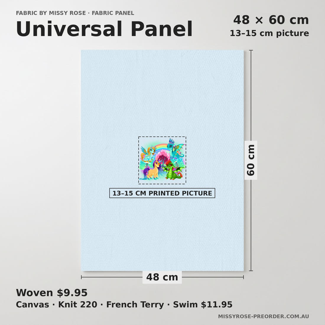 Design 182 Bright Unicorn Panel universal panel sizing – 13–15 cm printed picture on 48 × 60 cm fabric | Fabric by Missy Rose