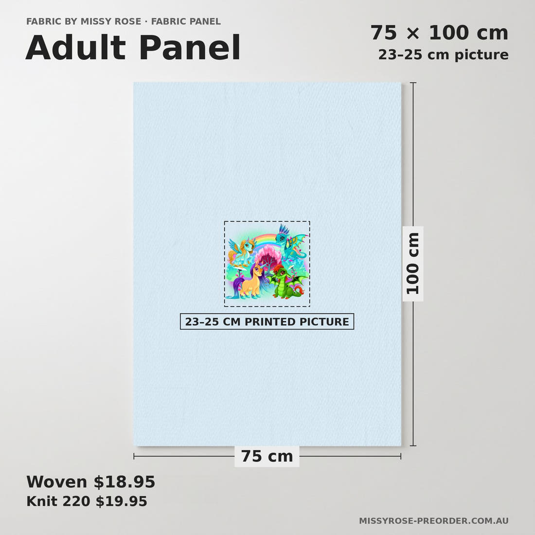 Design 182 Bright Unicorn Panel adult panel sizing – 23–25 cm printed picture on 75 × 100 cm fabric | Fabric by Missy Rose