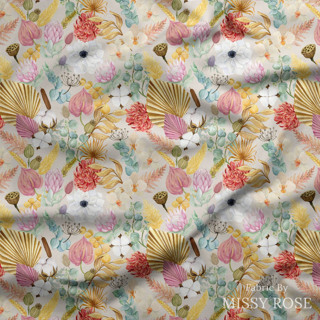 Design 183 Boho Floral Fabric draped fabric mockup – custom printed fabric by the metre | Fabric by Missy Rose